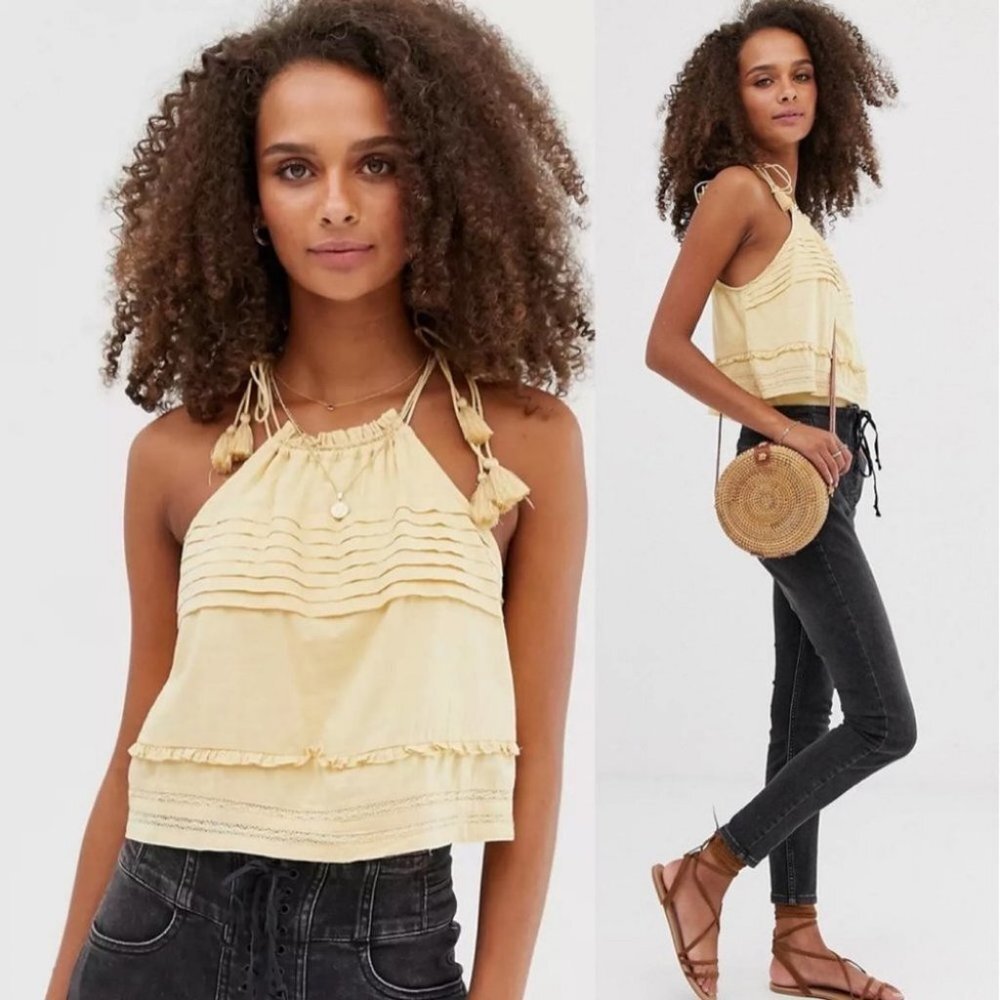 Free People Yellow Embroidered Cami Bodysuit Size XS Trust Me Ruffled Snap Boho